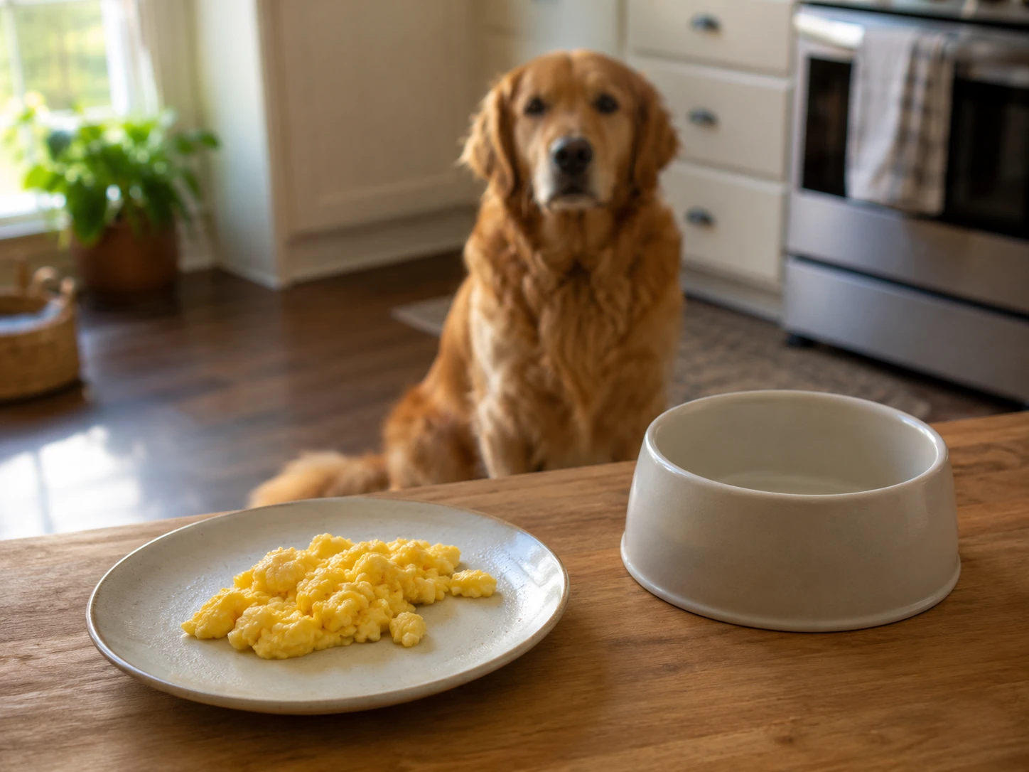 Plain fully cooked egg cooling beside a dog's food bowl