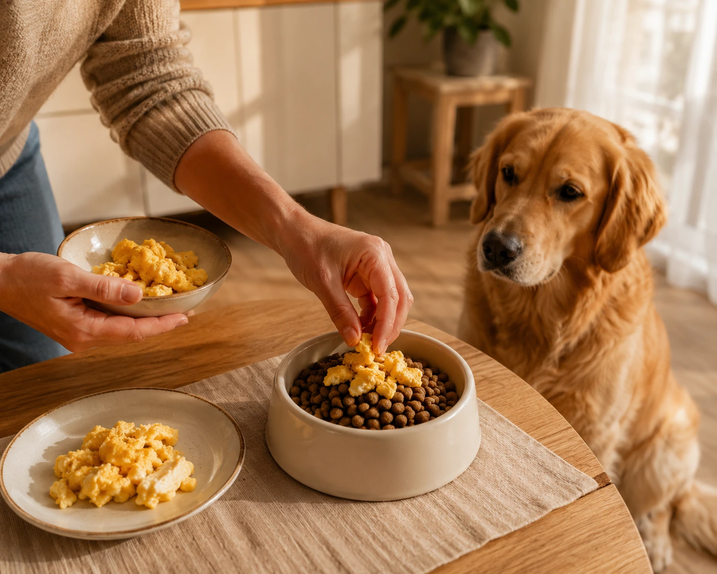 Small amount of cooked egg being added to a dog's regular complete food