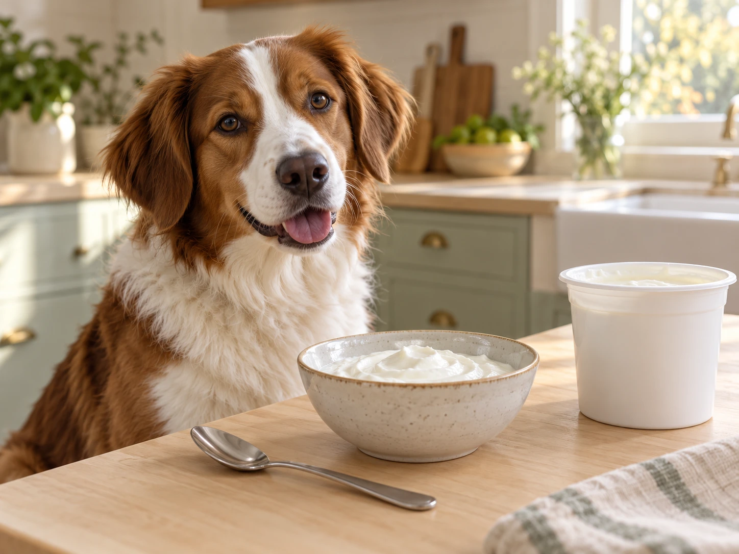 A curious brown and white dog sniffing a small bowl of plain Greek yogurt on a kitchen counter