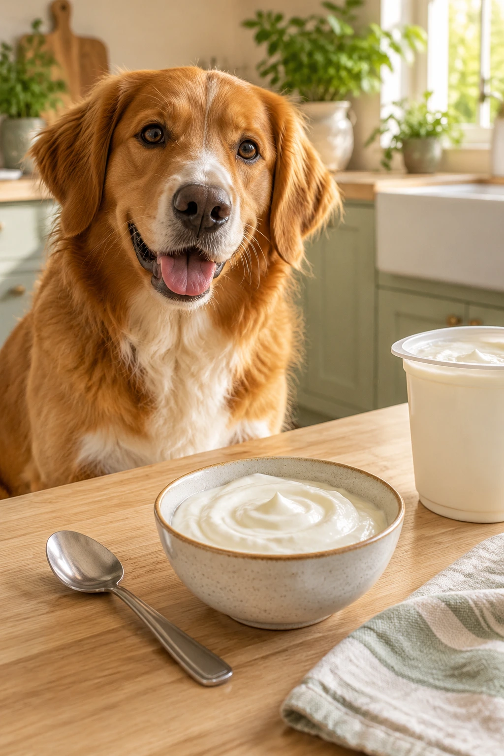 A small bowl of plain Greek yogurt beside a calm dog in a bright kitchen