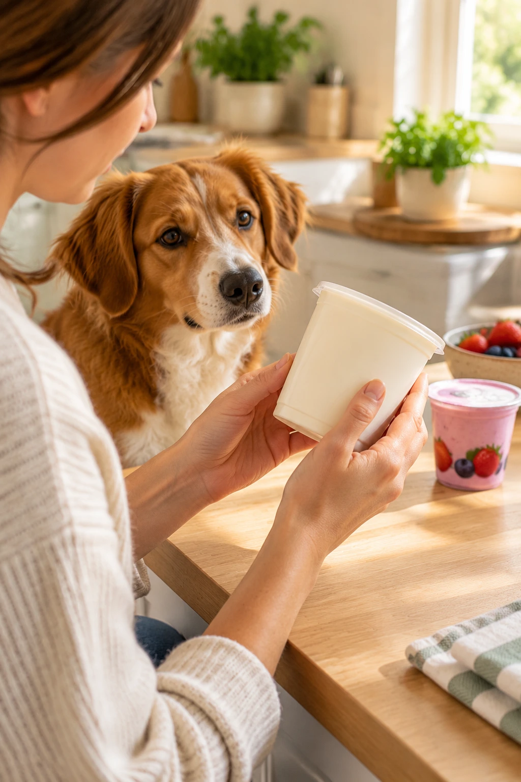 A dog owner checking a yogurt container's ingredients before sharing food with a dog