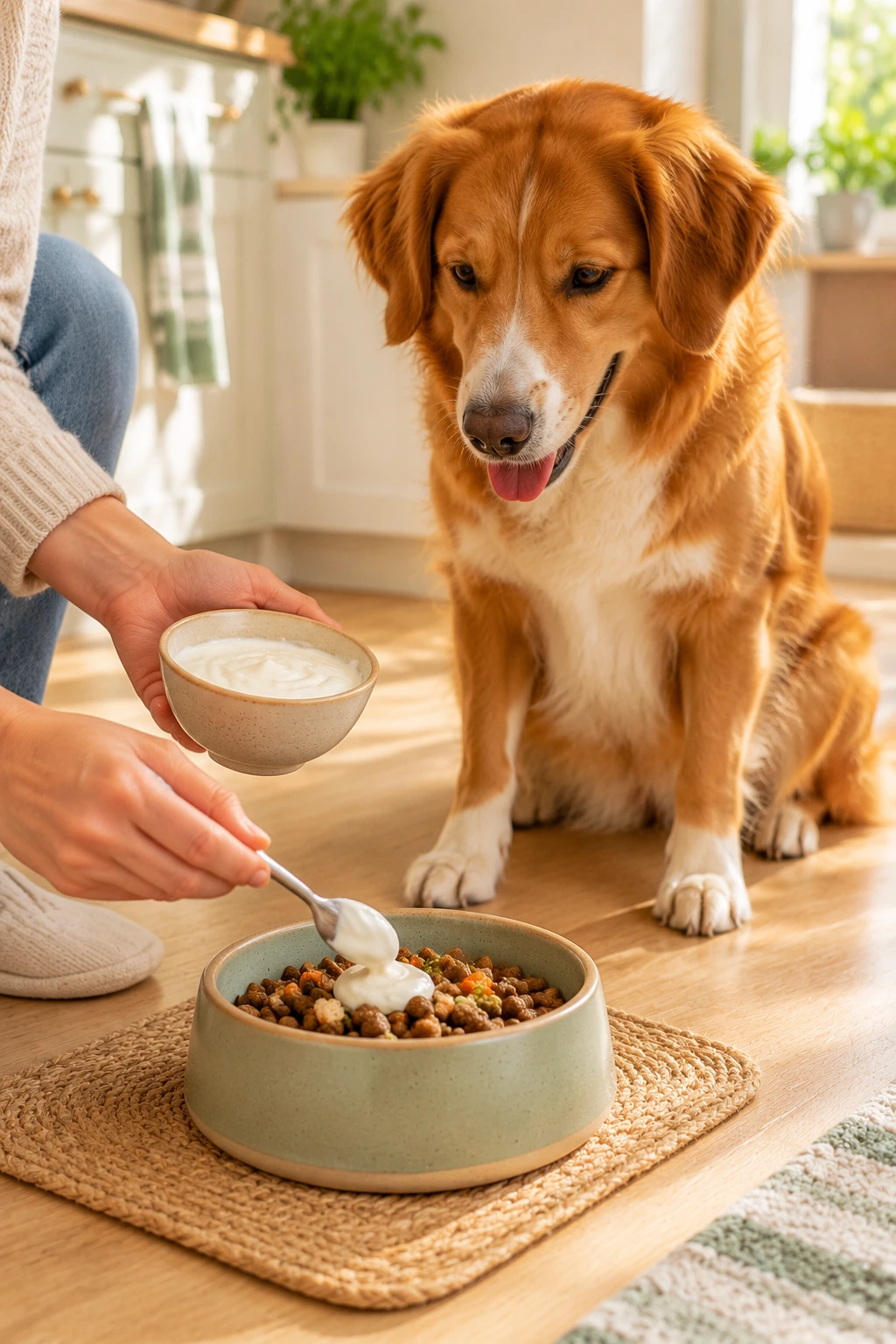 A dog owner offering a small amount of plain Greek yogurt beside the dog's usual meal