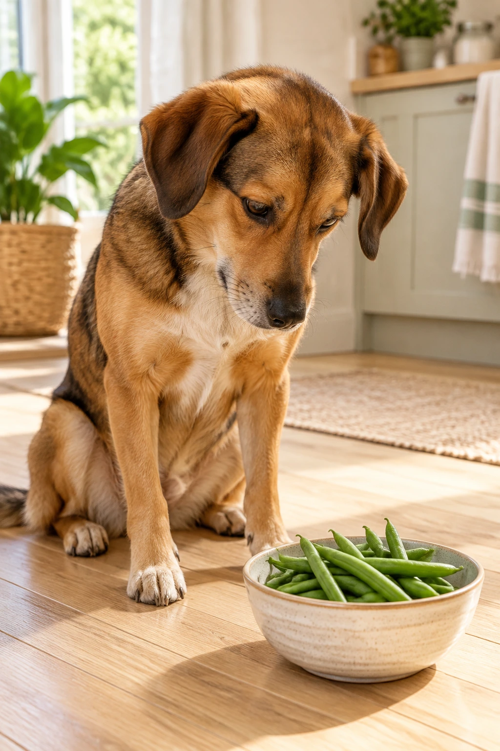 A curious brown dog sitting beside a small bowl of fresh green beans on a kitchen floor