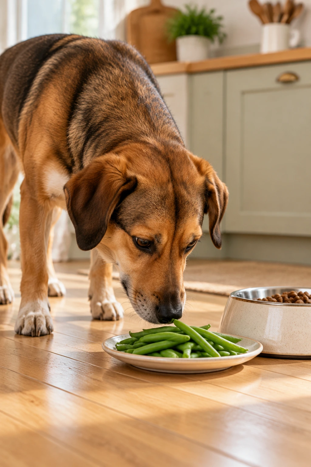 A dog sniffing plain fresh green beans beside its food bowl