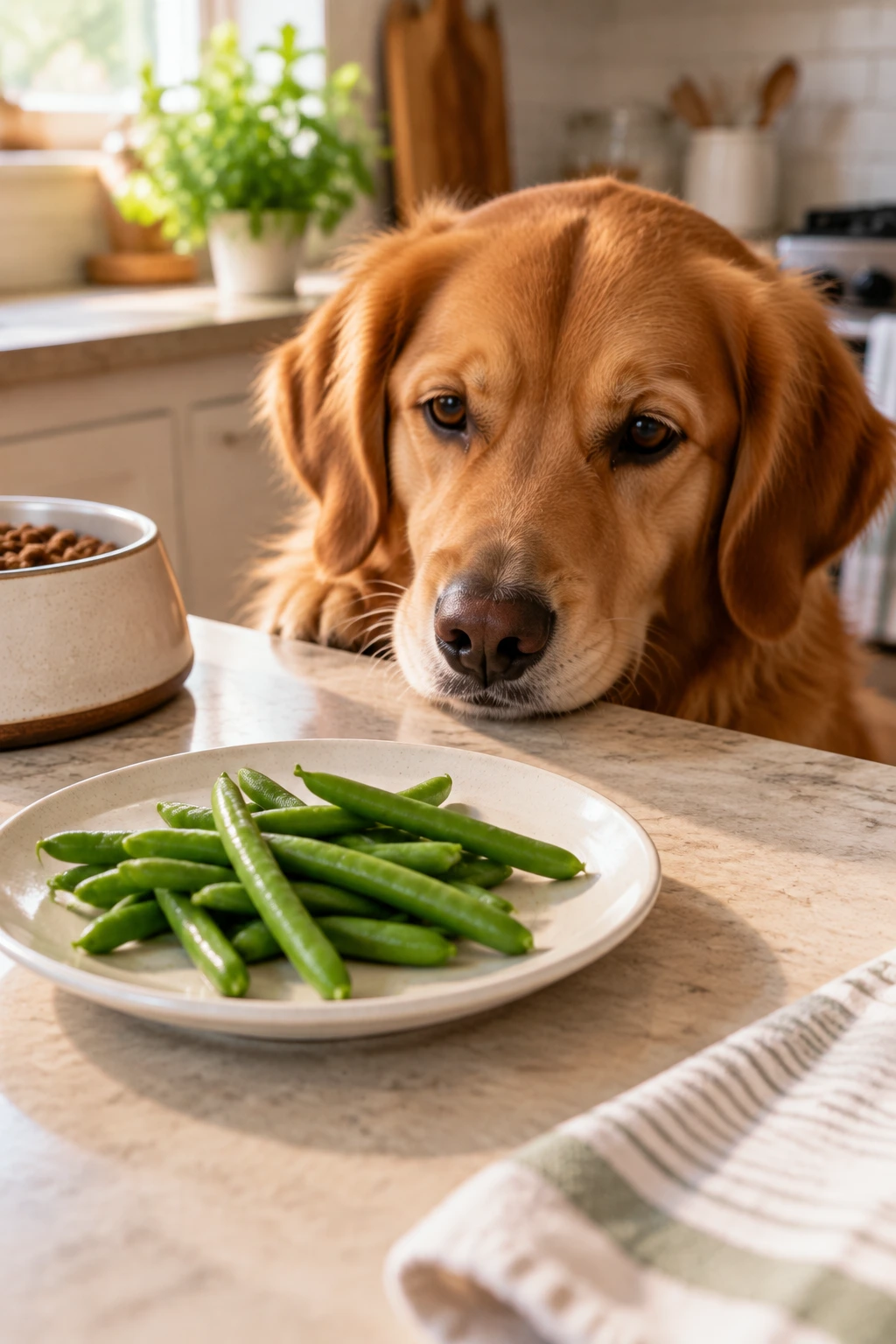 Plain steamed green beans cooling on a plate with a dog nearby