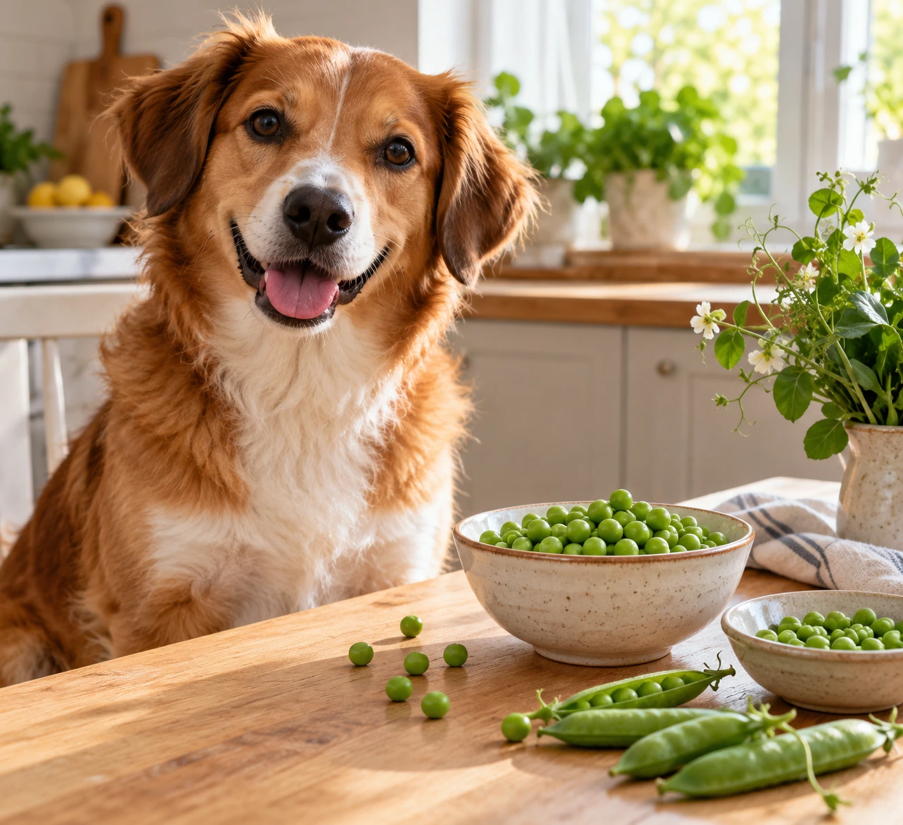 A curious dog sitting beside a small bowl of plain green peas on a kitchen floor