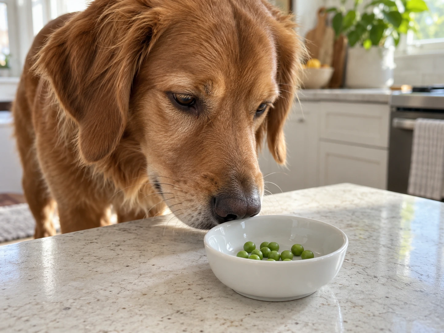 A brown dog sniffing a small bowl of plain green peas