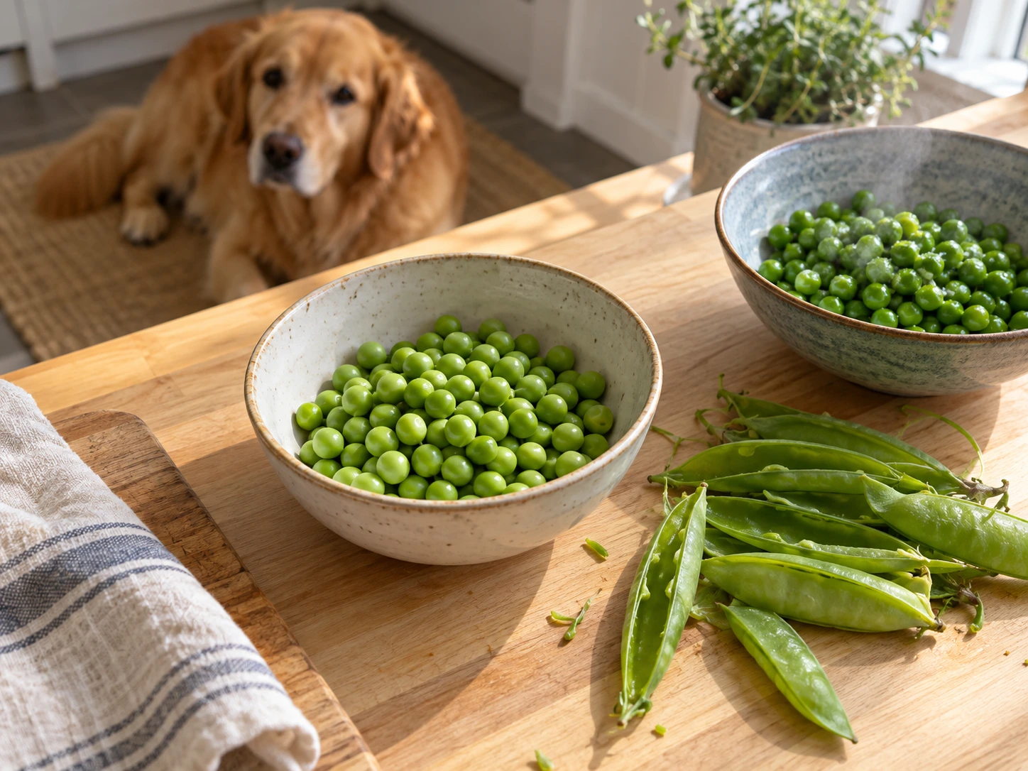 Freshly shelled green peas and plain cooked peas ready for a dog