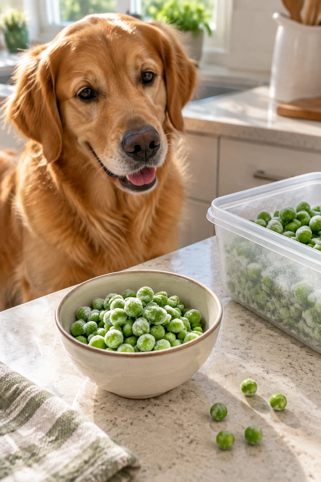 A bowl of thawed frozen green peas beside a dog in a home kitchen