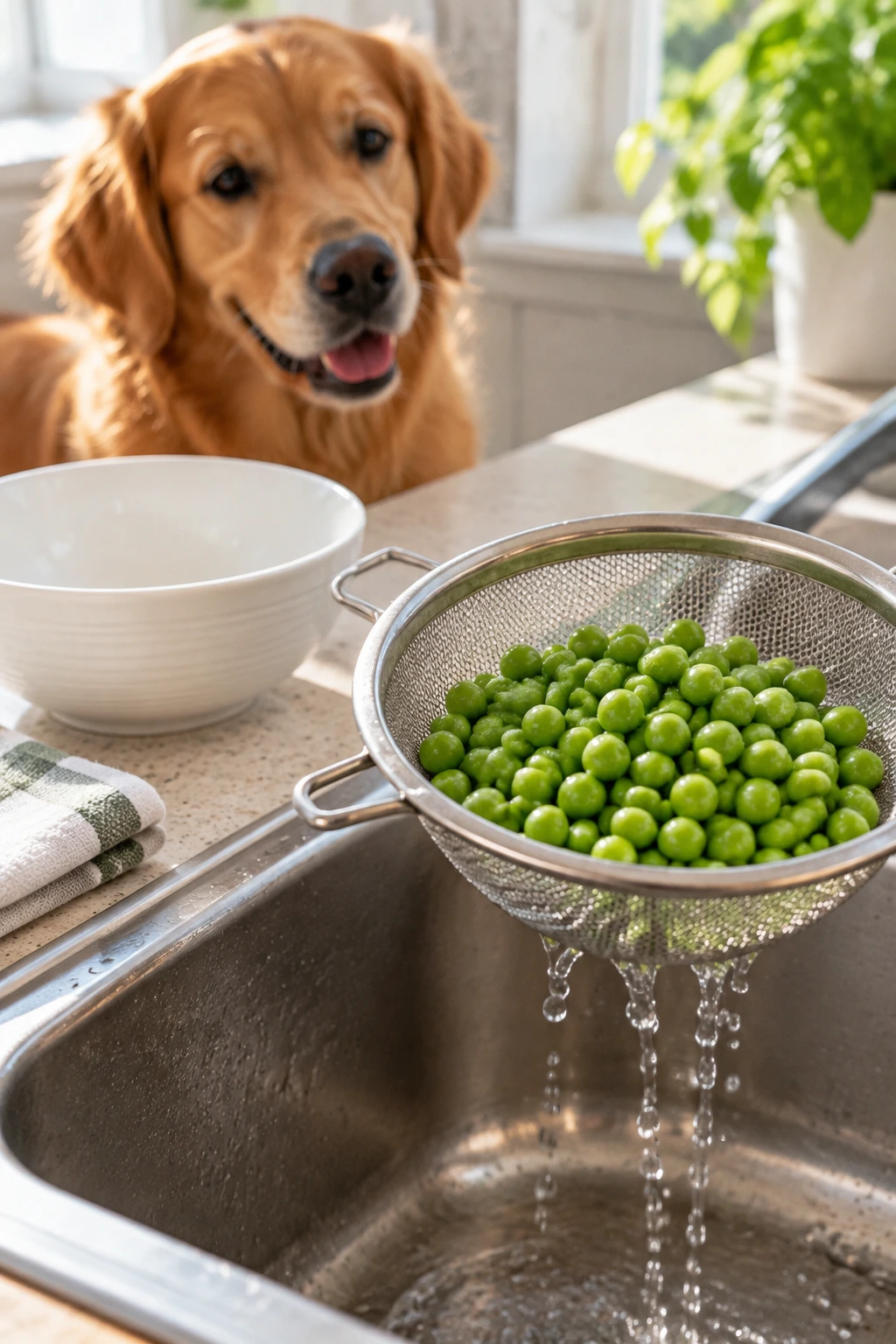 Plain canned green peas draining in a strainer before serving