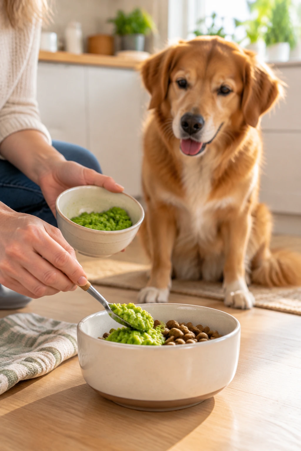 A small amount of mashed green peas served beside a dog's regular food