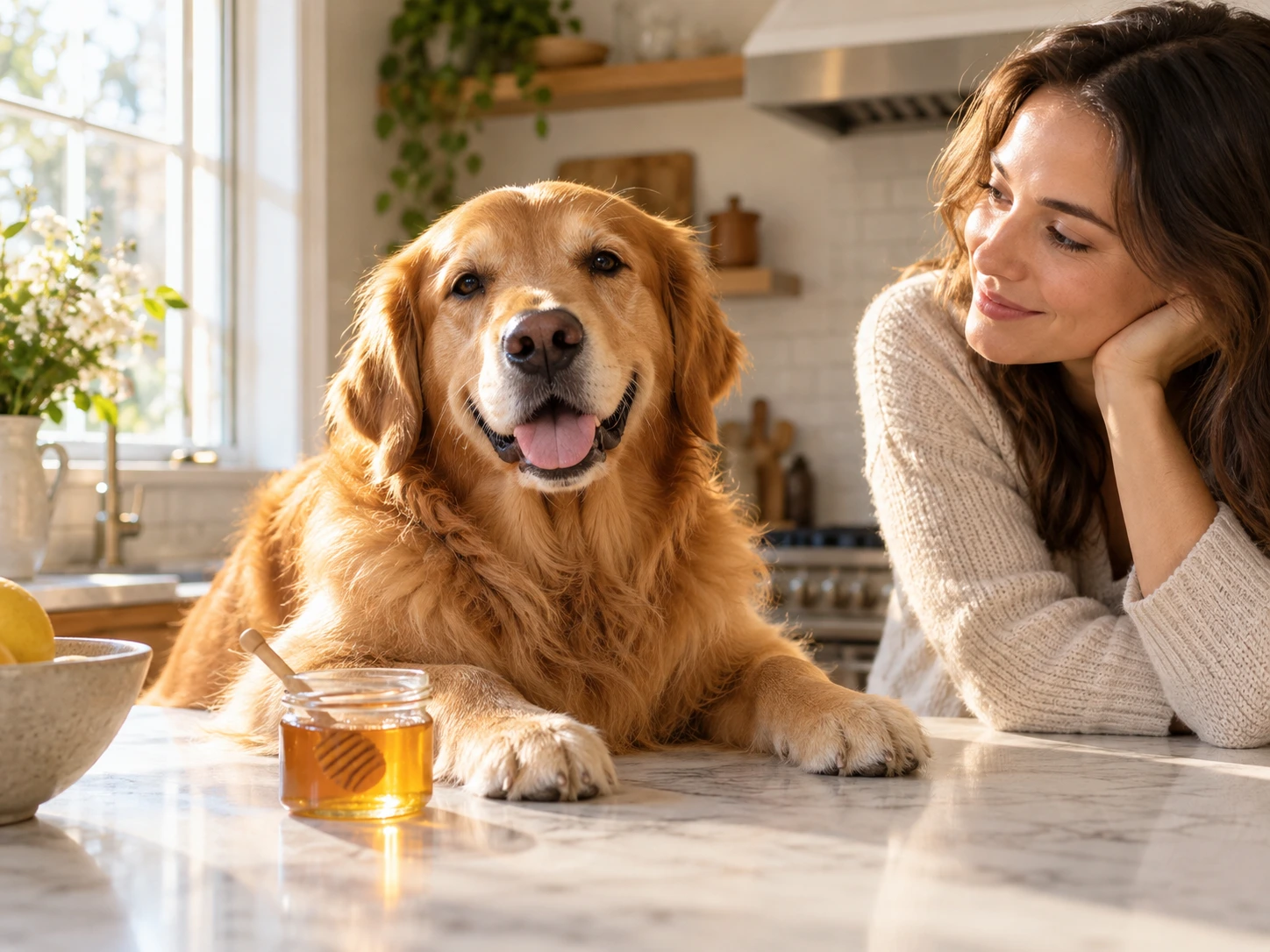 A dog sitting beside a small bowl of honey on a kitchen counter while an owner watches nearby