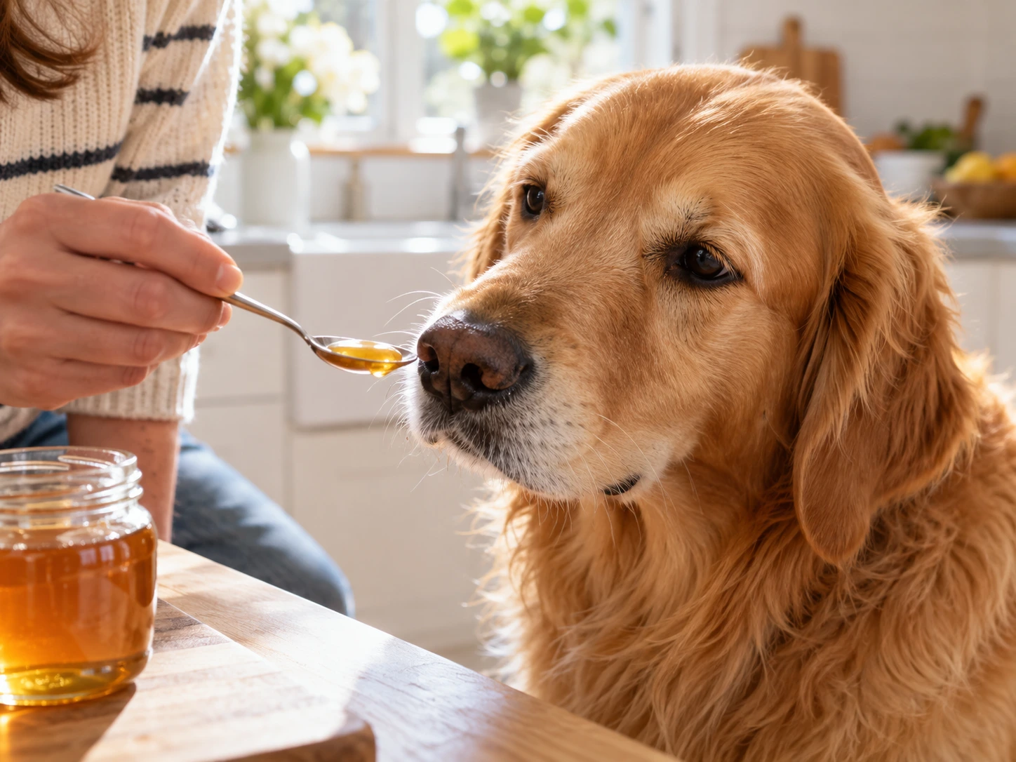 An owner offering a small taste of honey to a curious adult dog