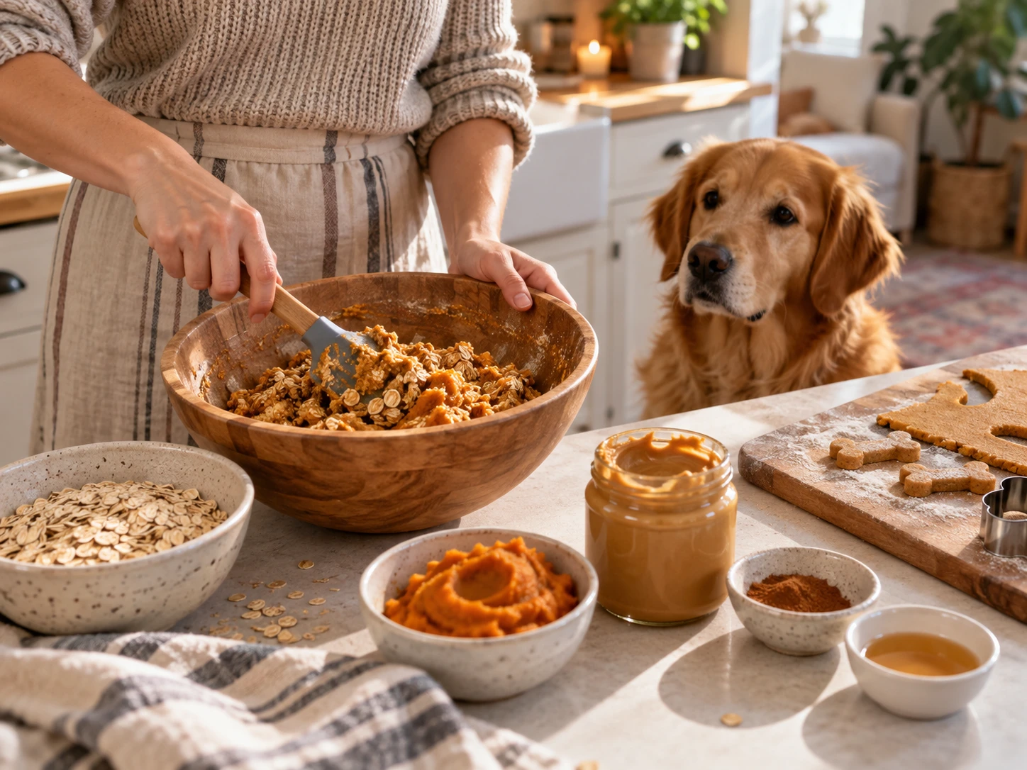 A dog watching an owner prepare homemade treats in the kitchen