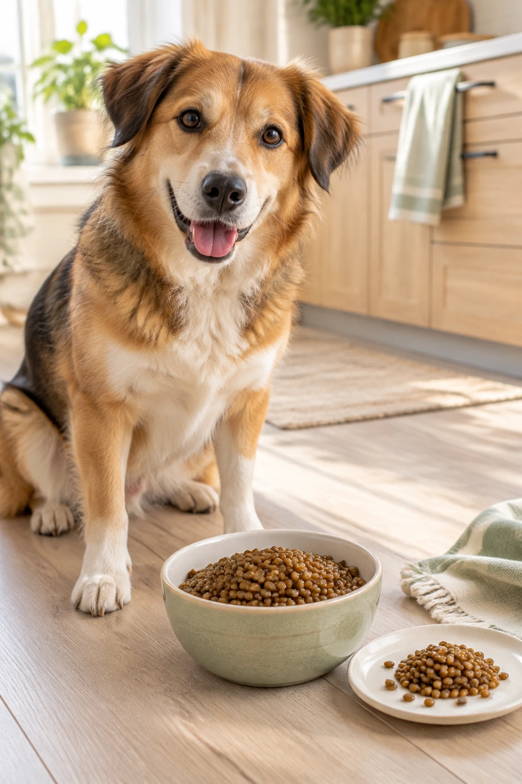 A curious dog sitting beside a small bowl of plain cooked lentils on a kitchen counter.