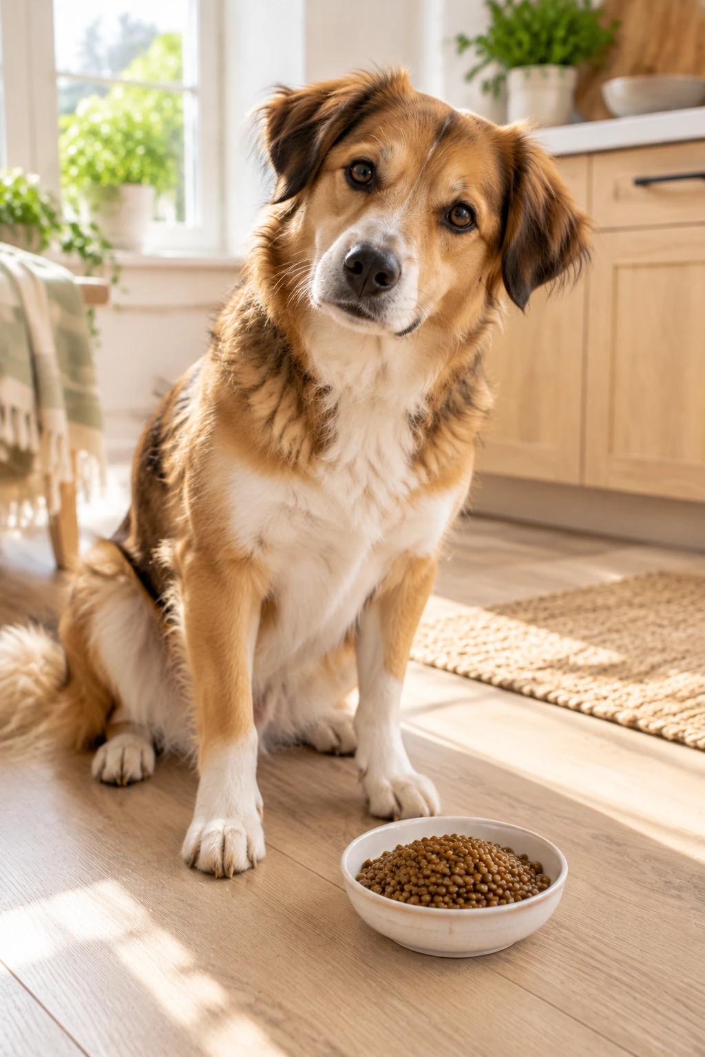 A dog beside a small dish of plain cooked lentils in a bright kitchen.