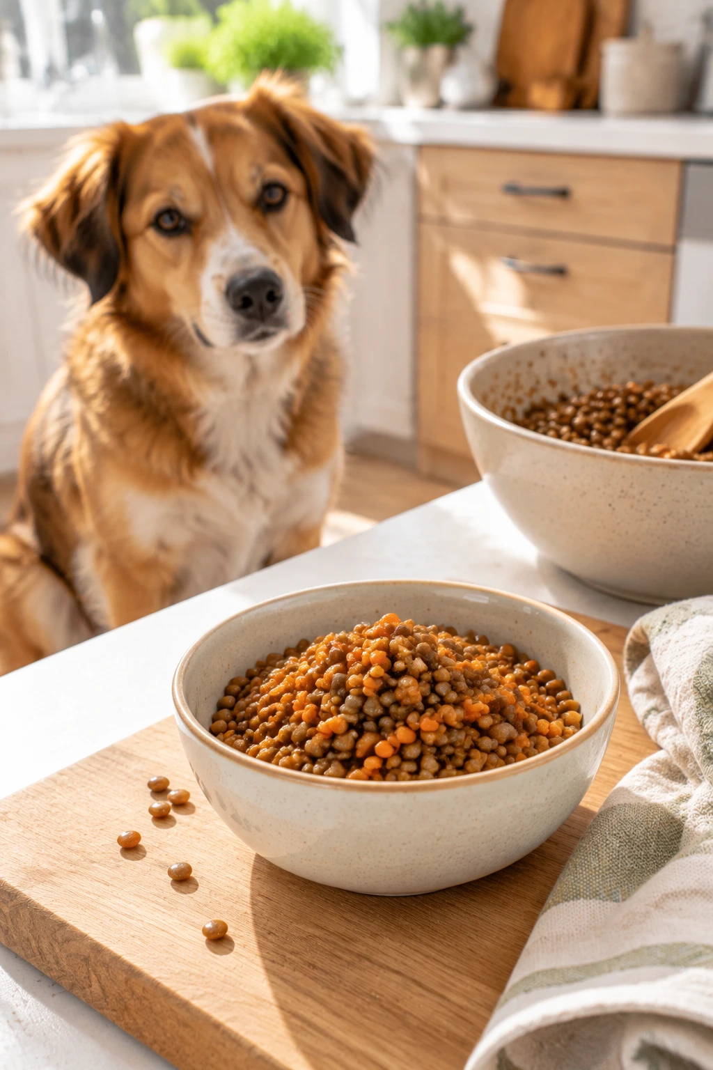 Plain red and brown lentils cooked until soft, with a dog waiting nearby.
