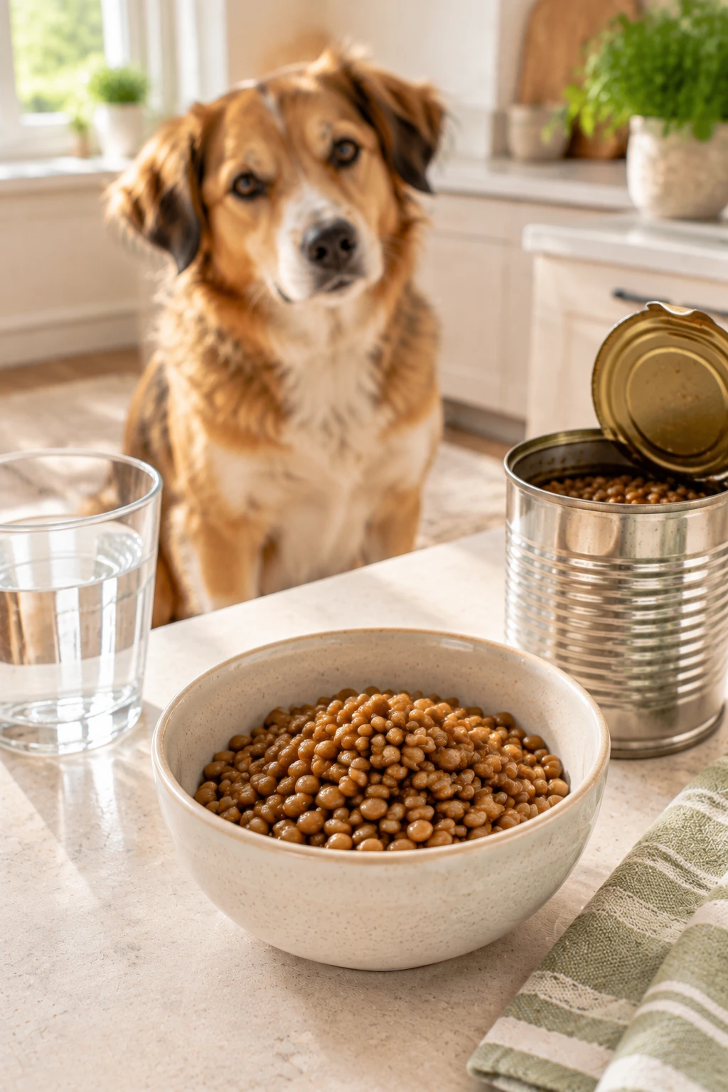 A small bowl of drained plain canned lentils on a kitchen counter with a dog in the background.