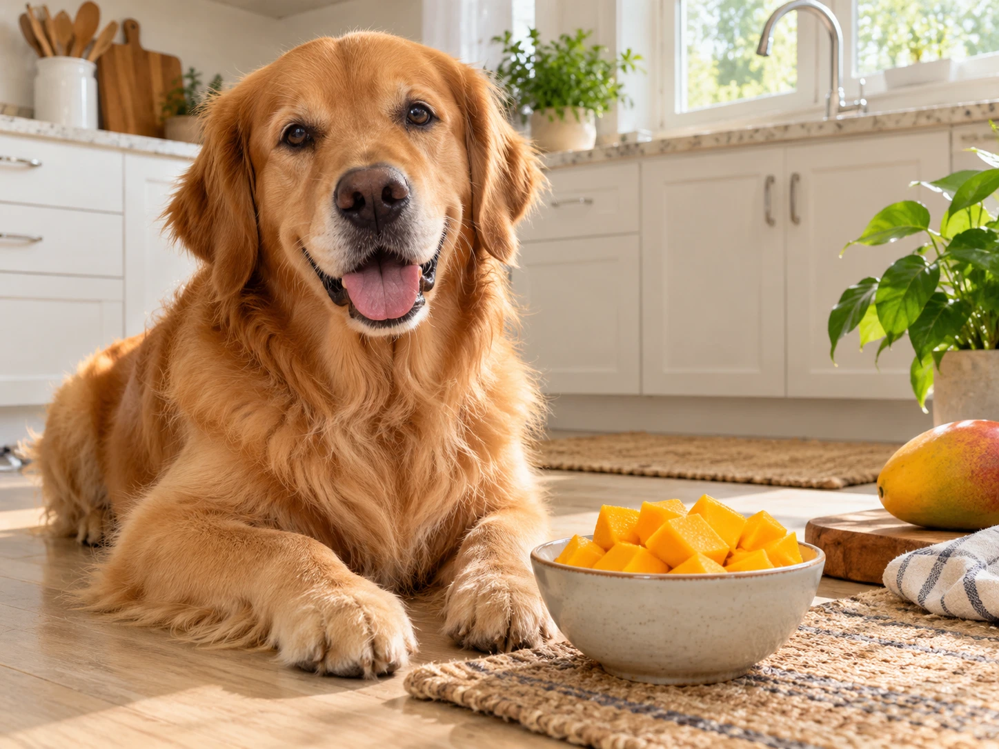 Dog sitting beside a bowl of fresh mango pieces in a bright kitchen