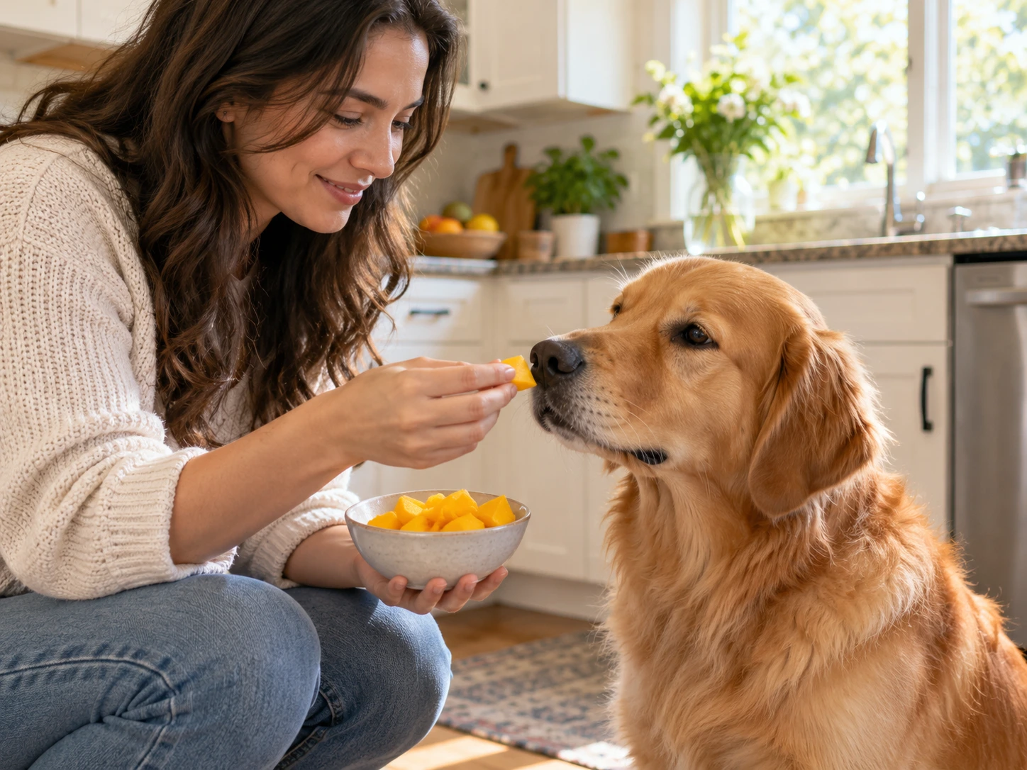 Dog owner offering a small piece of mango to a dog