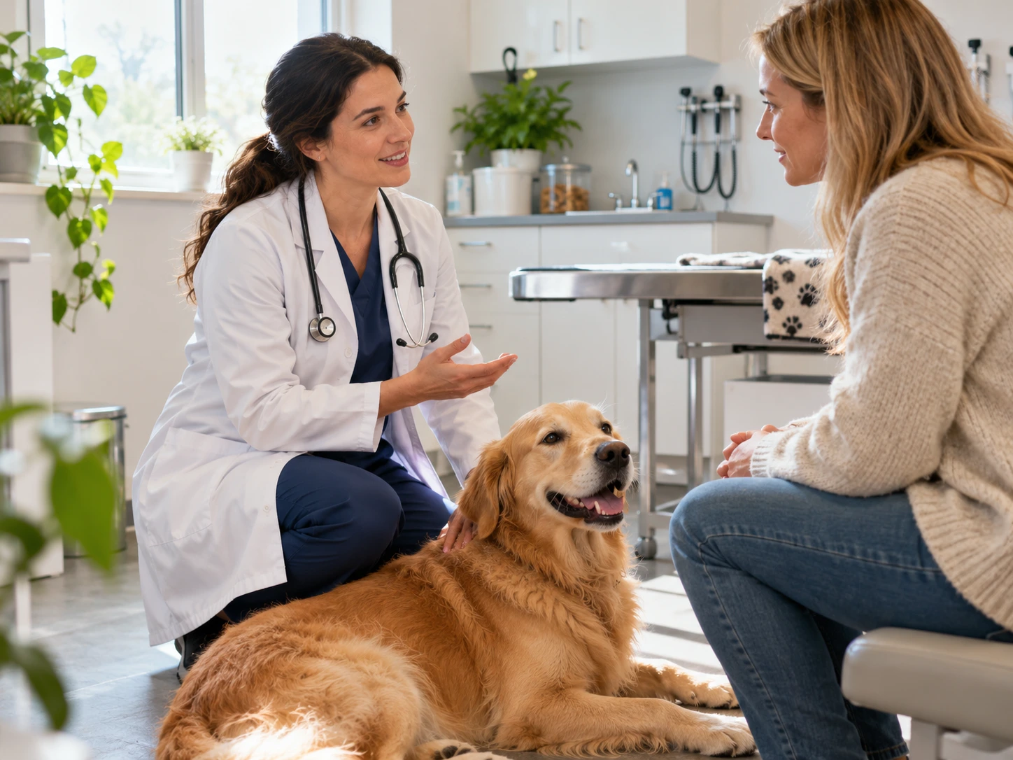 Veterinarian talking with a dog owner about pet food choices