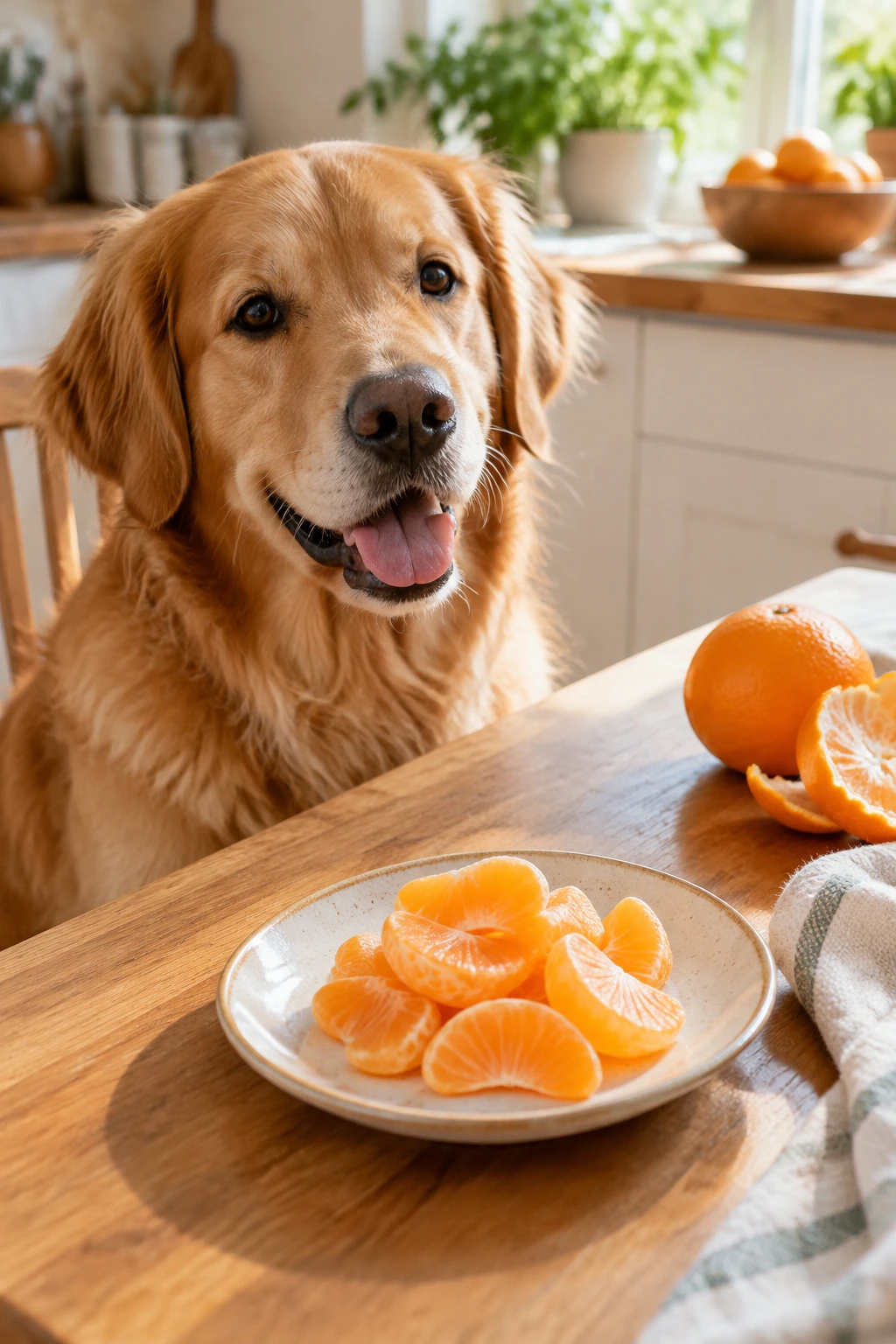 Dog sitting beside peeled orange segments on a kitchen counter