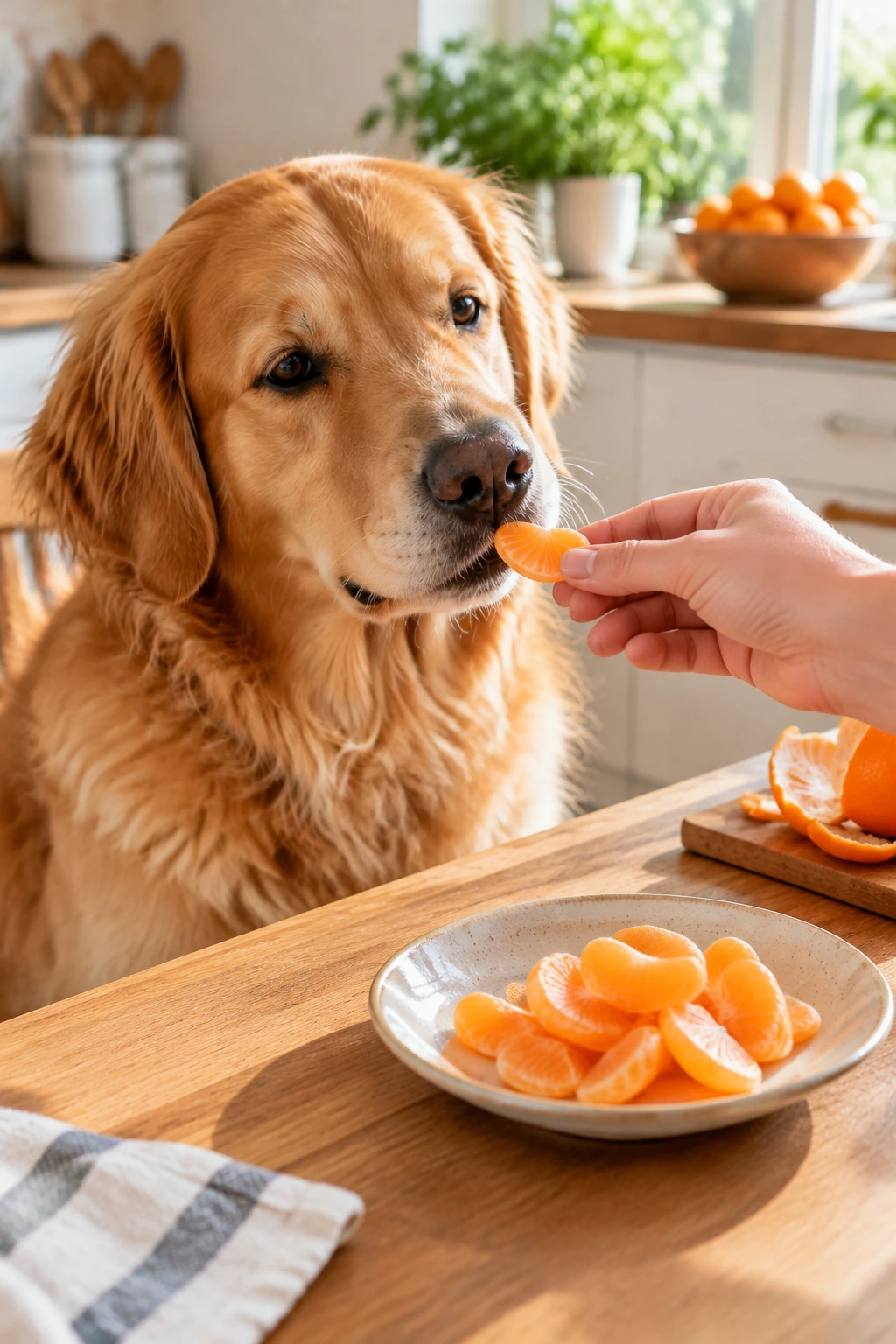 Dog being offered a small peeled orange segment