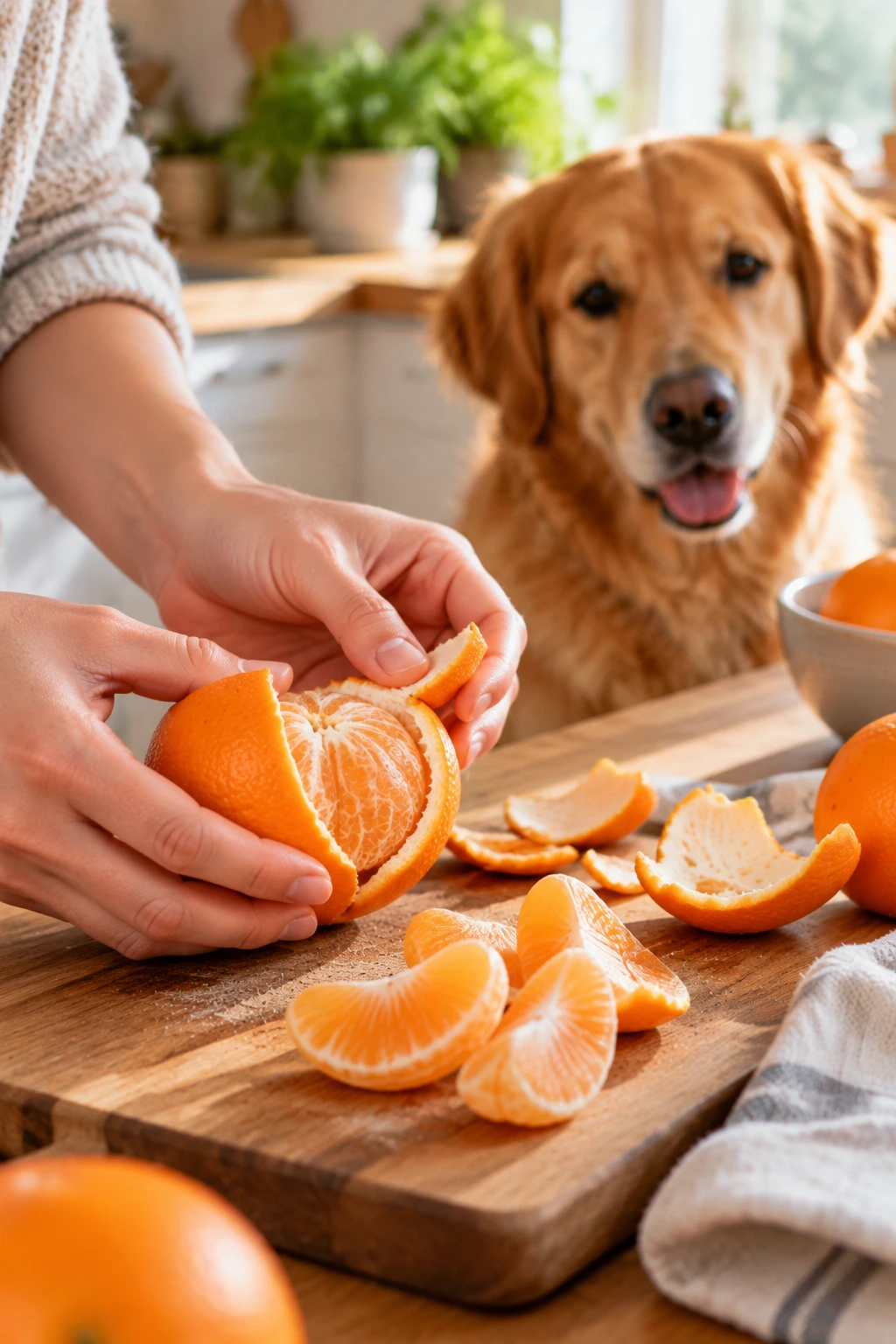 Person peeling an orange before sharing the fruit with a dog