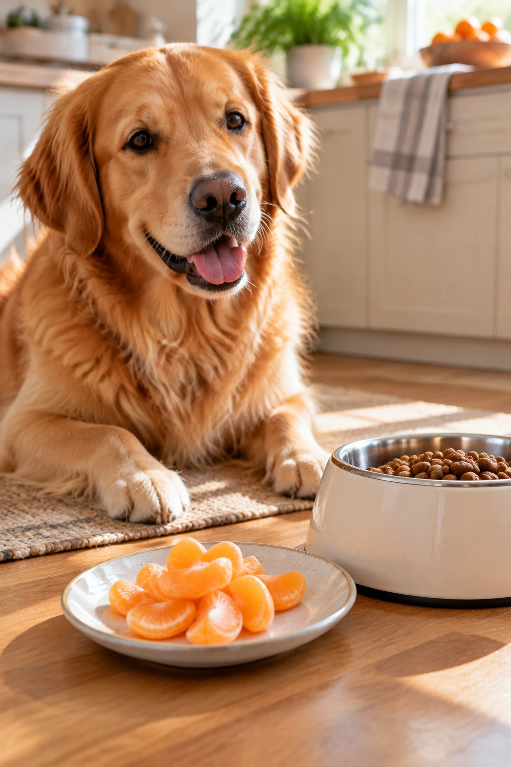 Small peeled orange pieces prepared beside a dog's food bowl