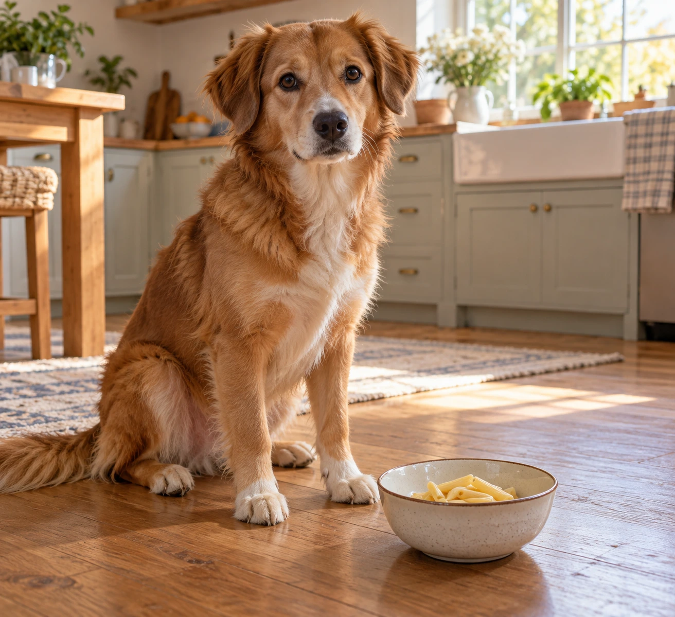 Dog sitting beside a small bowl of plain cooked pasta on a kitchen floor