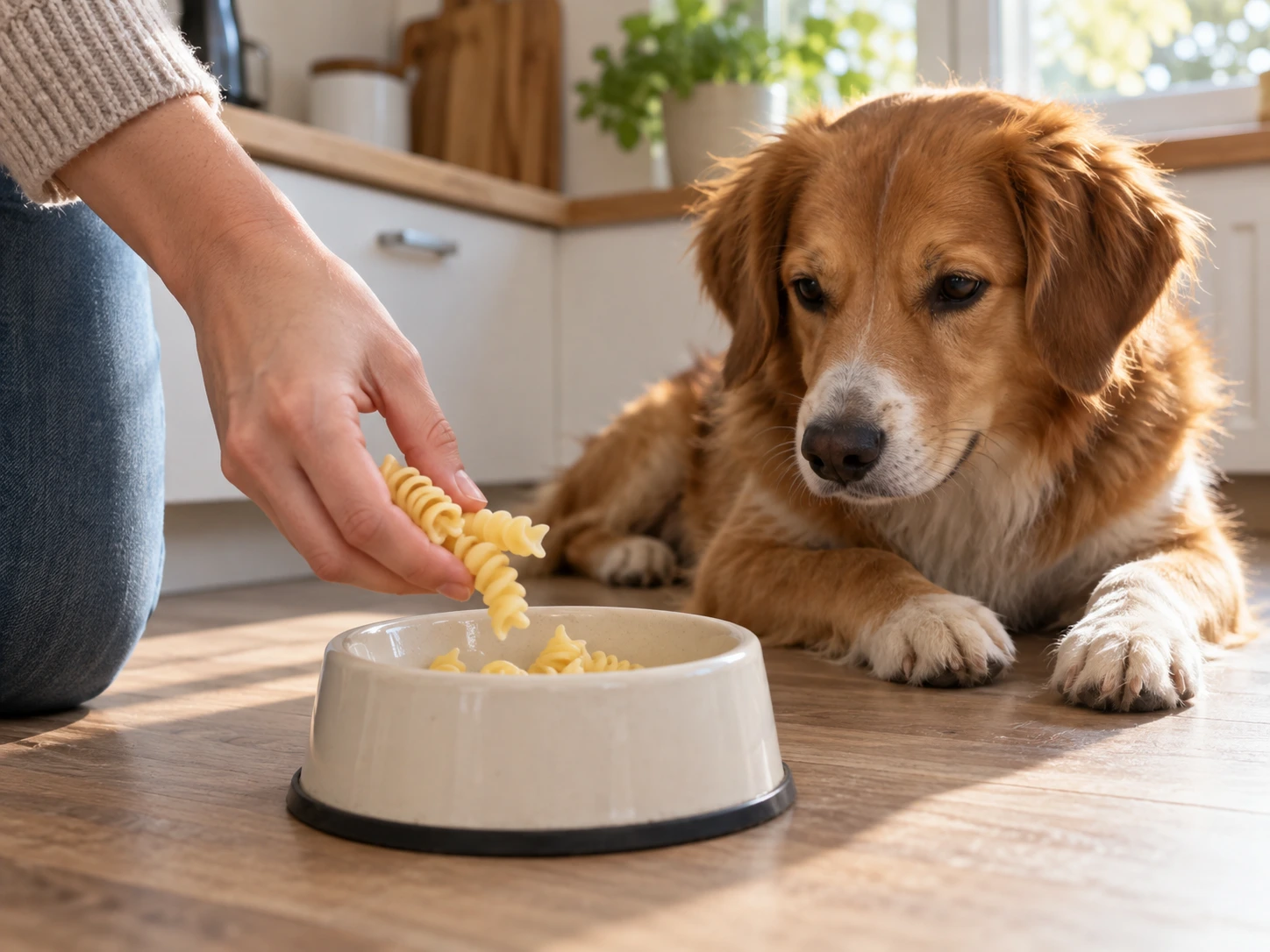 A few plain cooked pasta pieces being placed in a dog's bowl