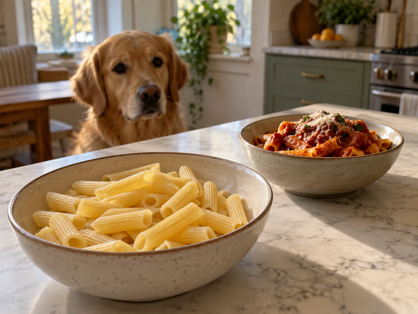 Plain pasta beside sauced pasta in a kitchen with a dog nearby