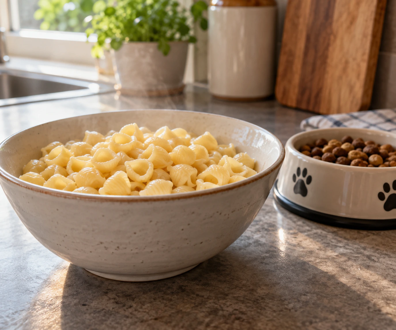 Plain cooked pasta cooling in a bowl beside a dog's regular food