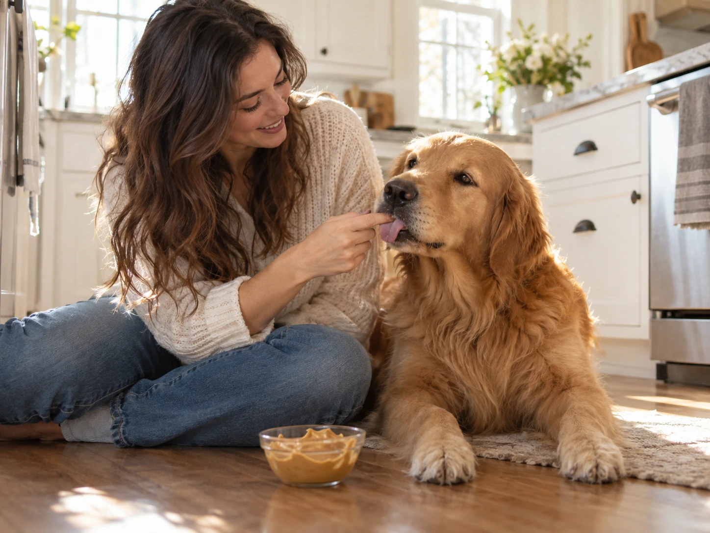 Dog looking happily at a small amount of peanut butter offered as a treat by an owner