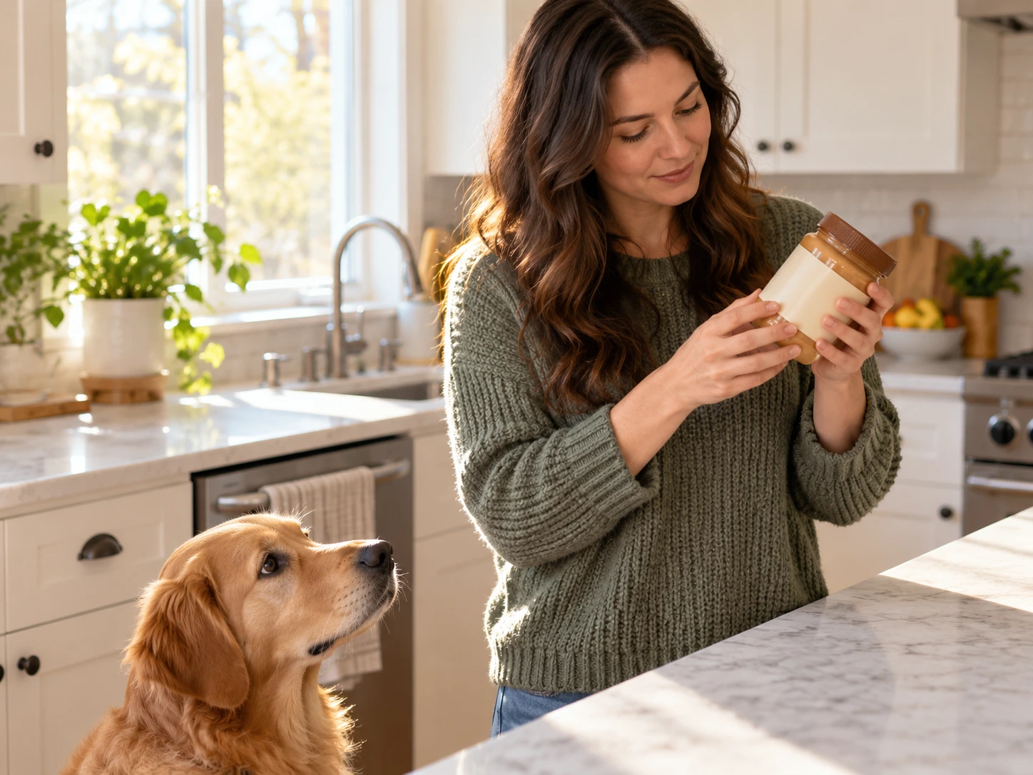 Owner checking a peanut butter label while a dog waits nearby