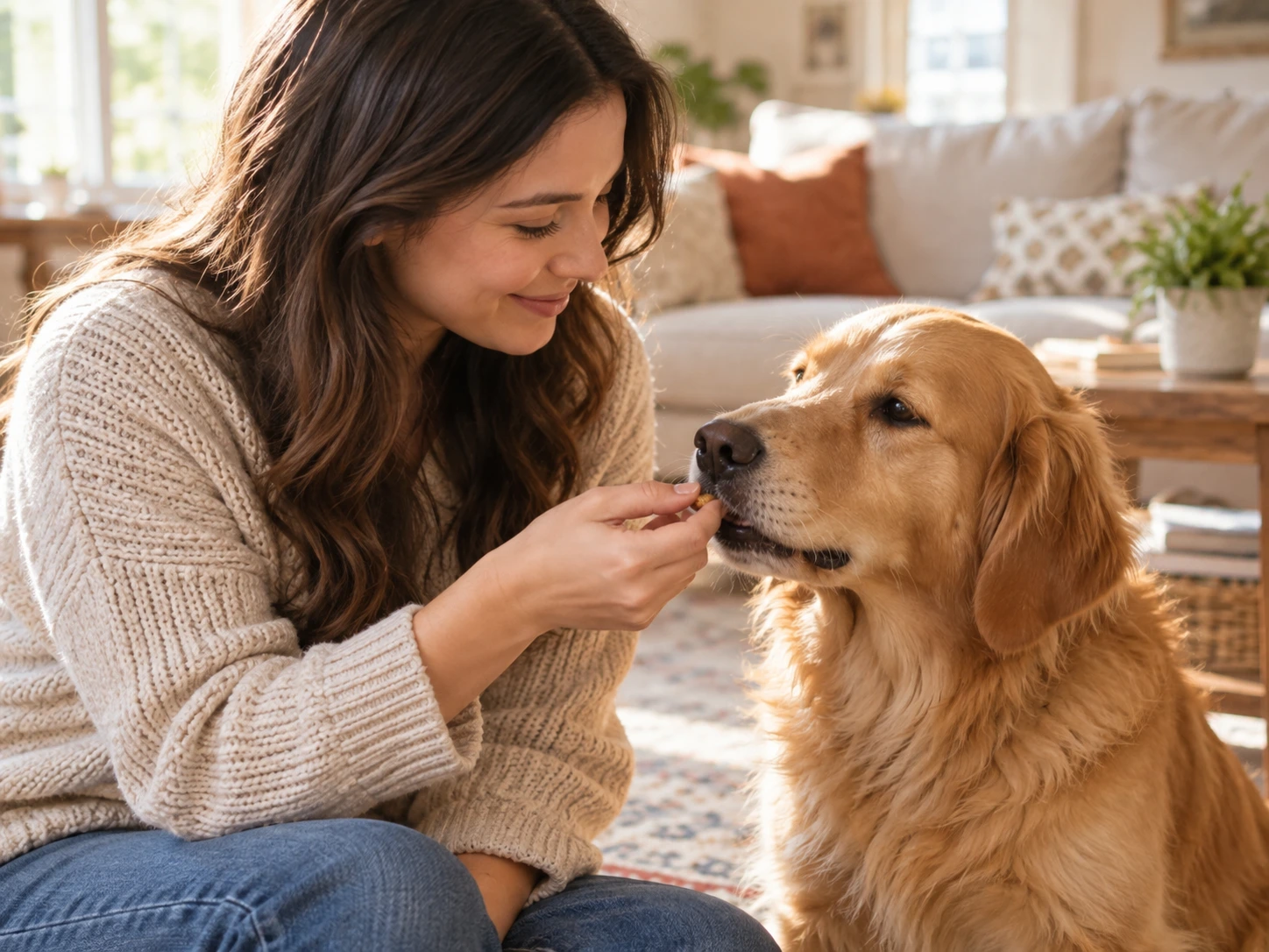 Dog receiving a small treat from a caring owner