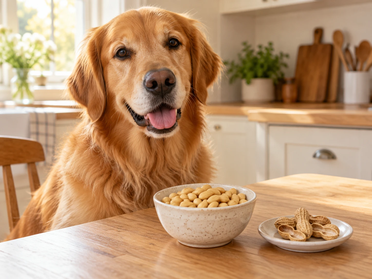 A brown dog looking at a small dish of plain shelled peanuts.