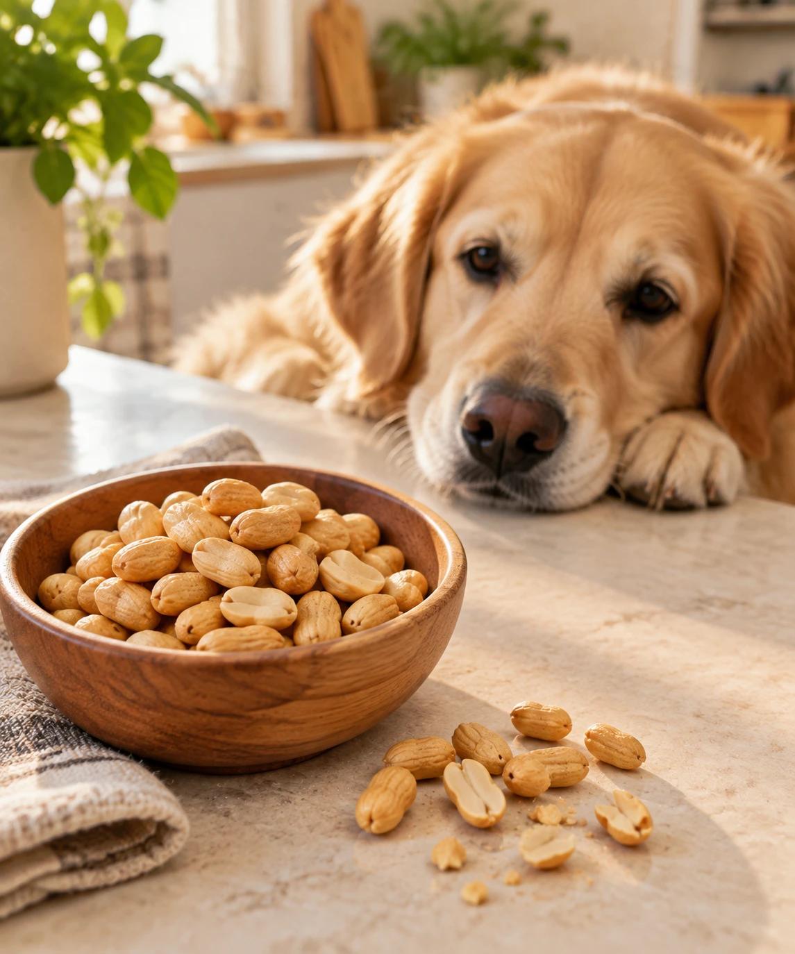 Plain dry-roasted unsalted peanuts and smaller peanut pieces beside a resting dog.