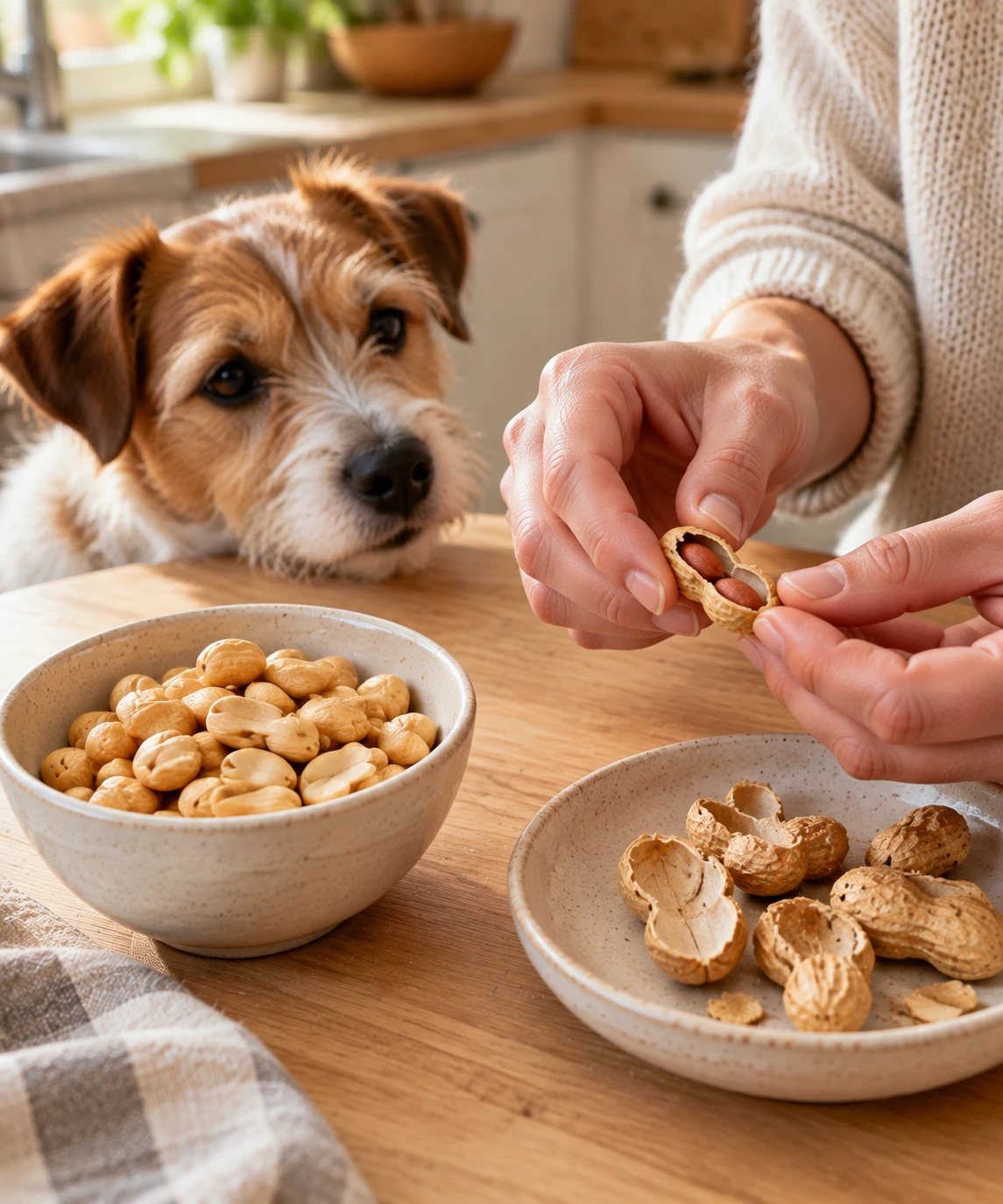 A person removing peanut shells while a small dog watches nearby.