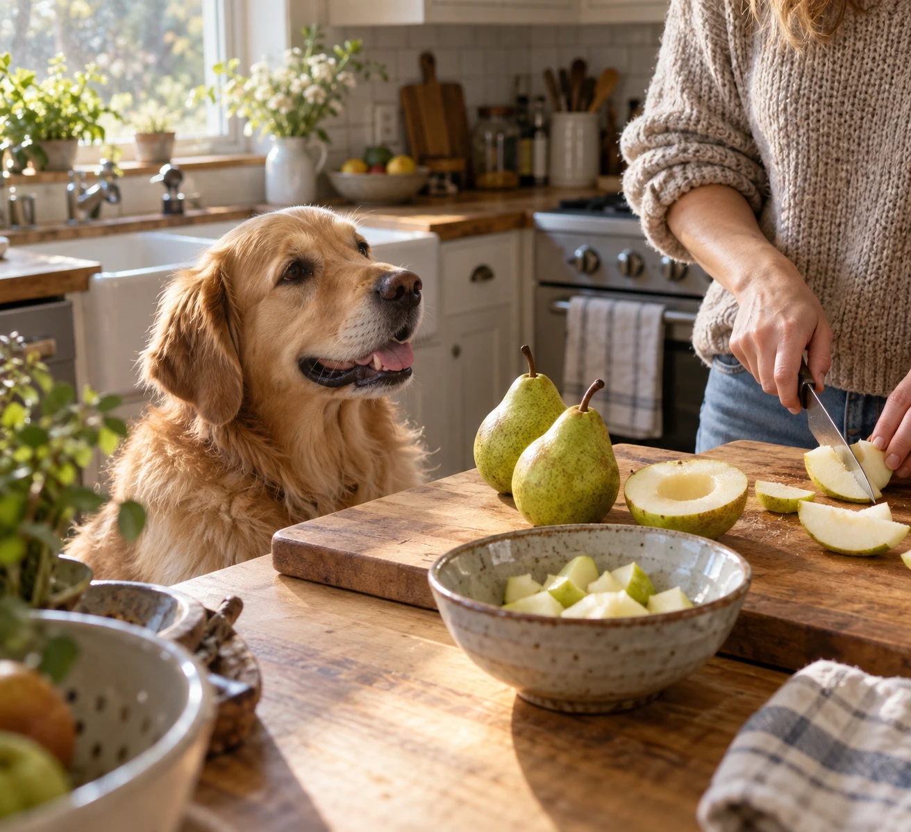 Golden retriever sitting beside its owner in a bright kitchen with fresh pears and a small bowl of prepared pear pieces on the counter.