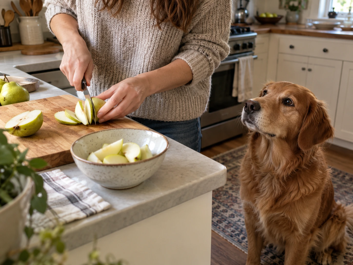 Dog waiting beside a kitchen counter while its owner prepares fresh pear pieces.