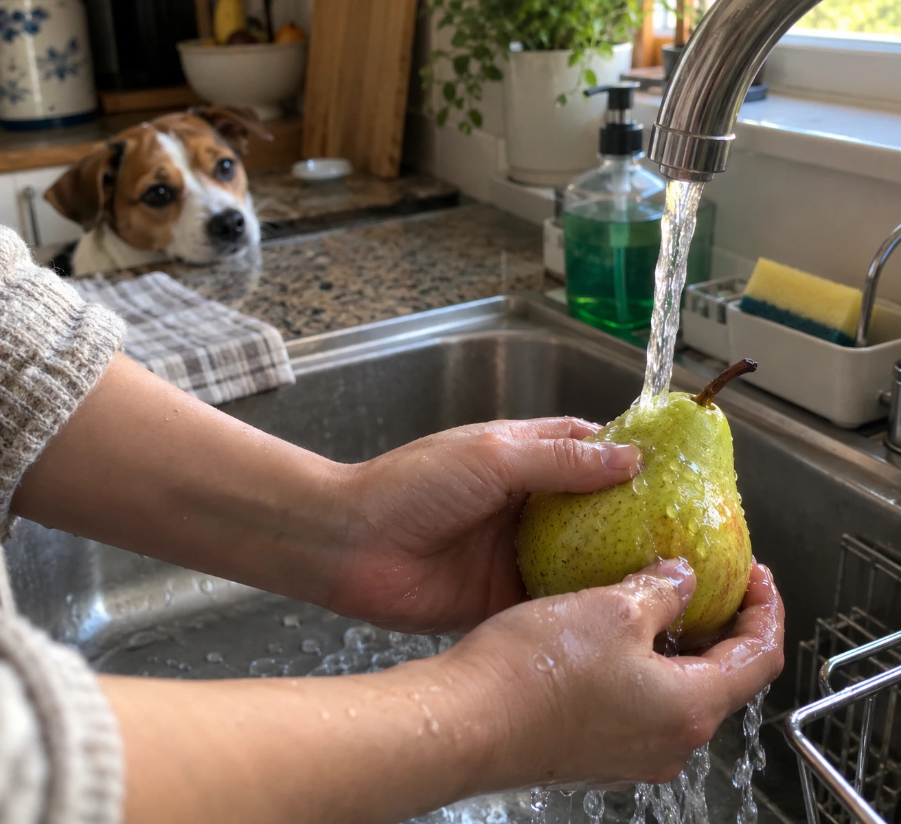 Fresh green pear being washed under running water before preparation for a dog.