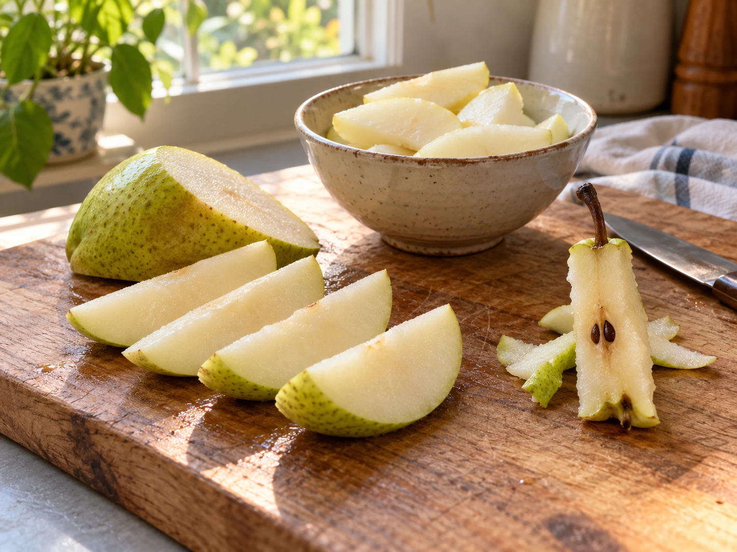 Sliced pear with its seeds, stem, and core separated from the edible fruit pieces.