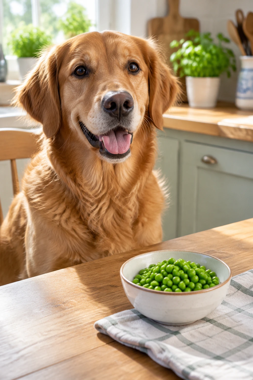 Dog sitting beside a small bowl of plain green peas