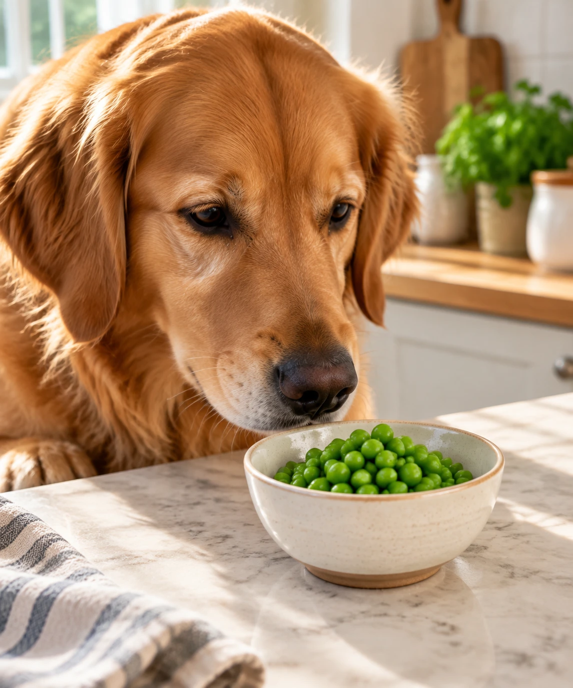 Dog sniffing a bowl of plain green peas