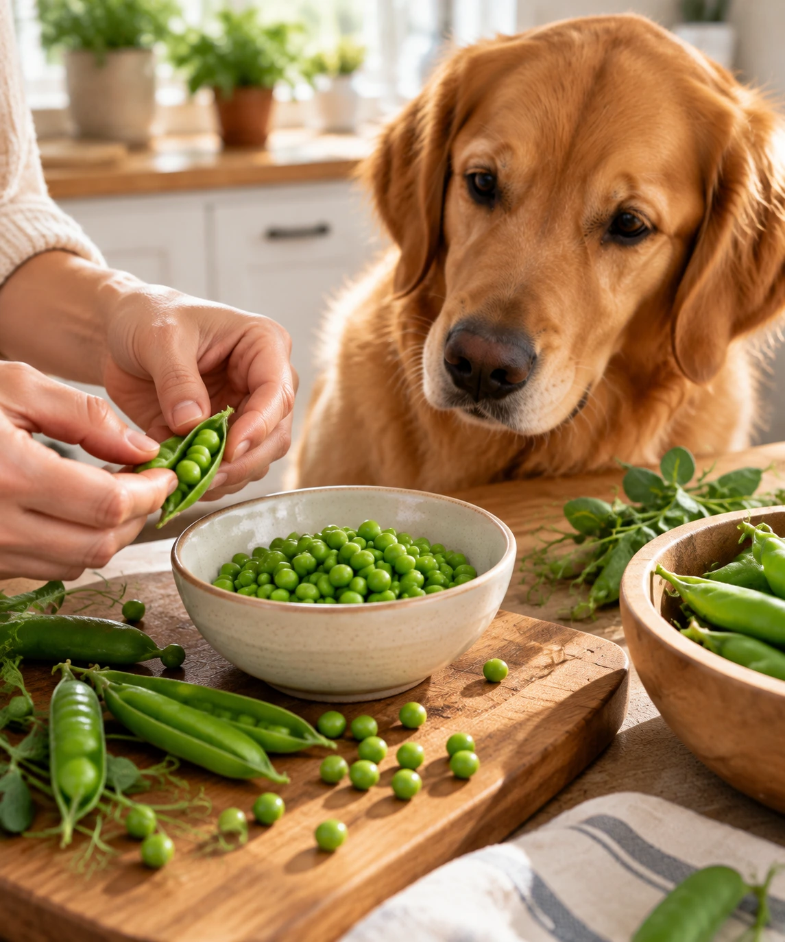 Fresh green peas being removed from their pods with a dog nearby