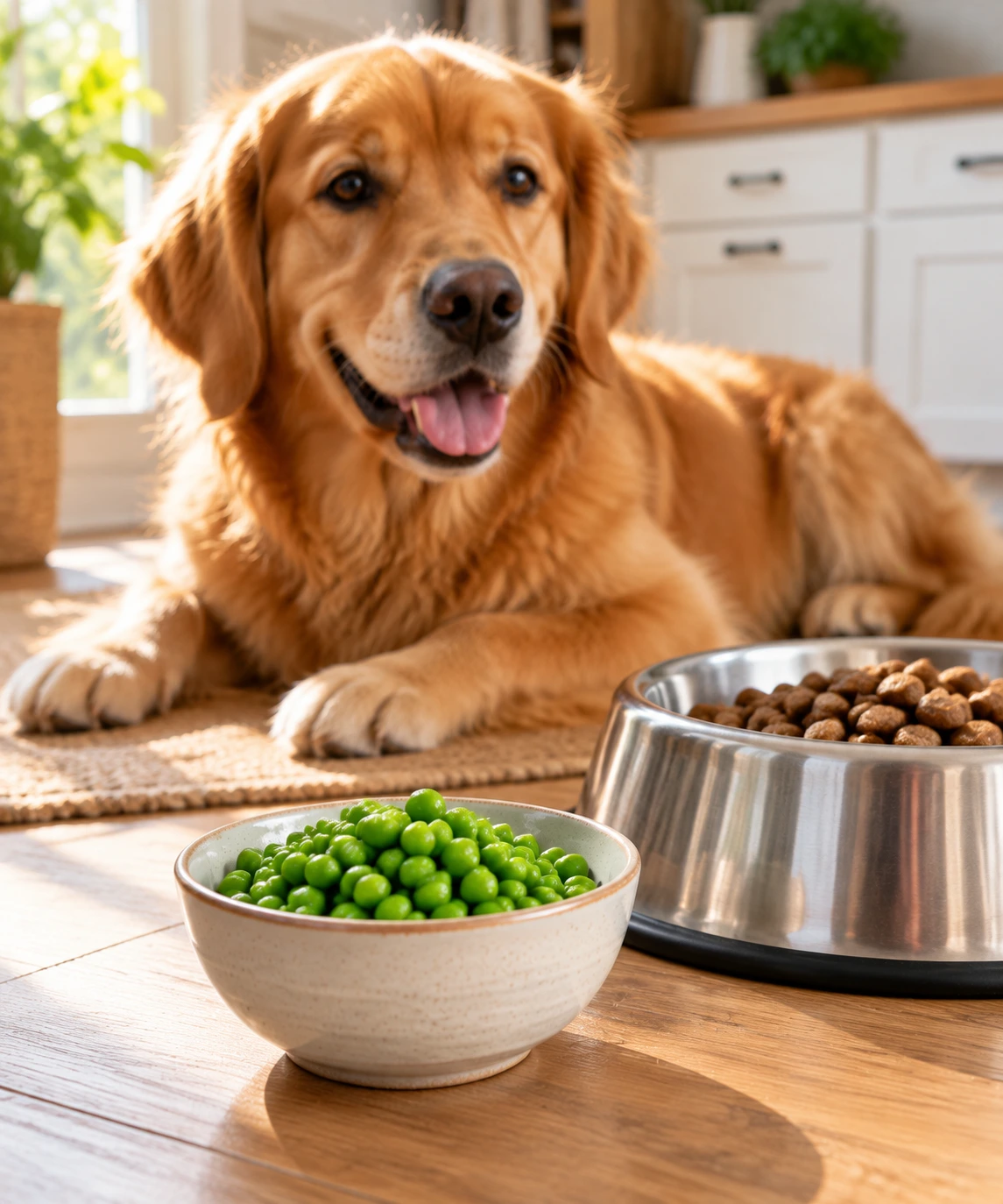 Thawed plain frozen peas beside a dog's food bowl