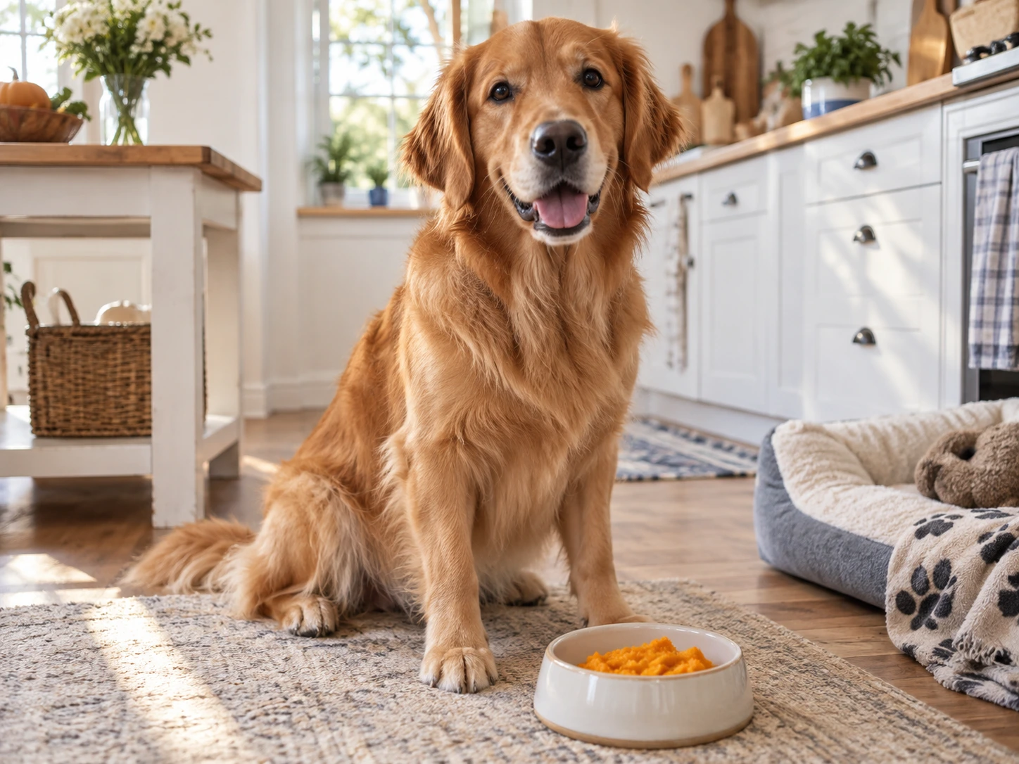 Dog sitting beside a small bowl containing plain cooked pumpkin in a bright home kitchen