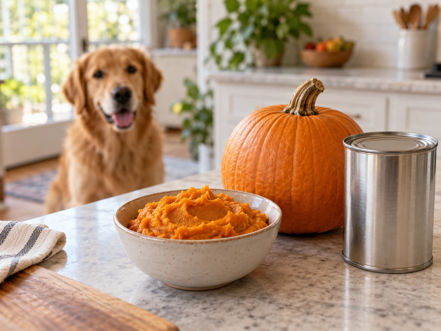 Plain pumpkin puree in a bowl with fresh pumpkin while a dog waits nearby