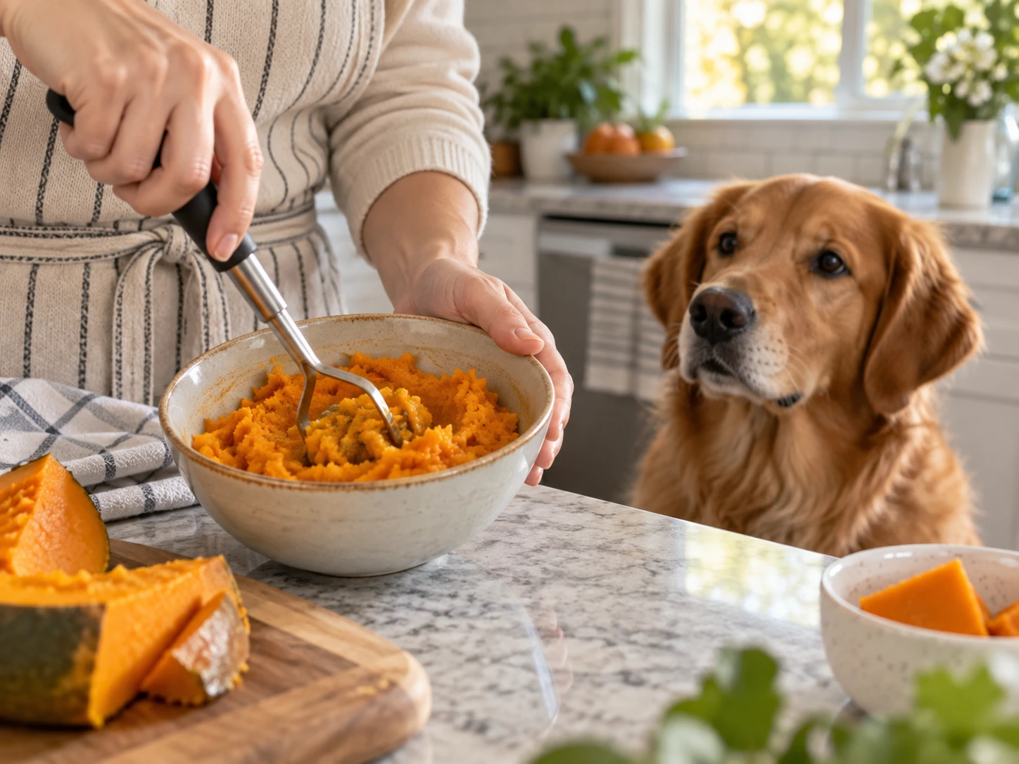Plain cooked pumpkin being mashed in a bowl with a dog nearby